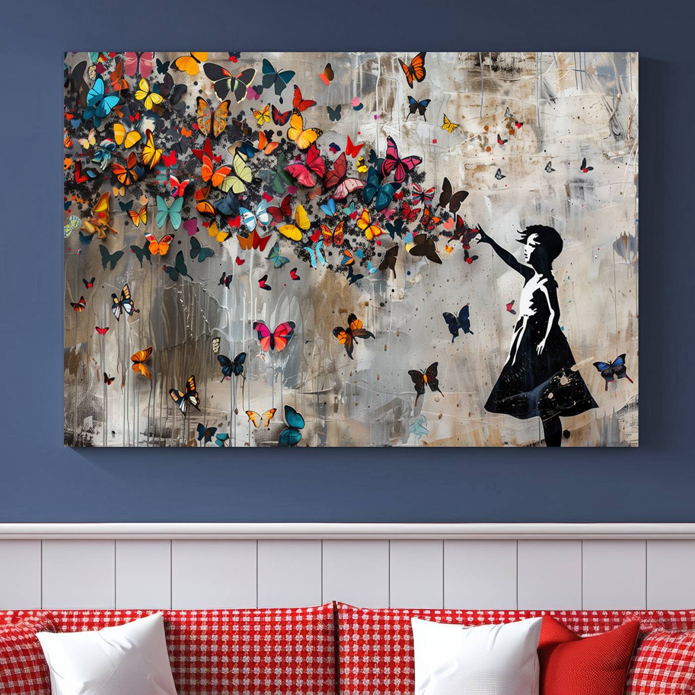 Banksy Style Girl and Butterfly on the Wall Art Canvas Print