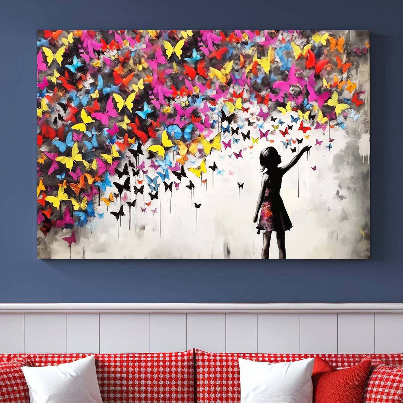 Banksy Style Girl and Butterfly Wall Art Canvas Print