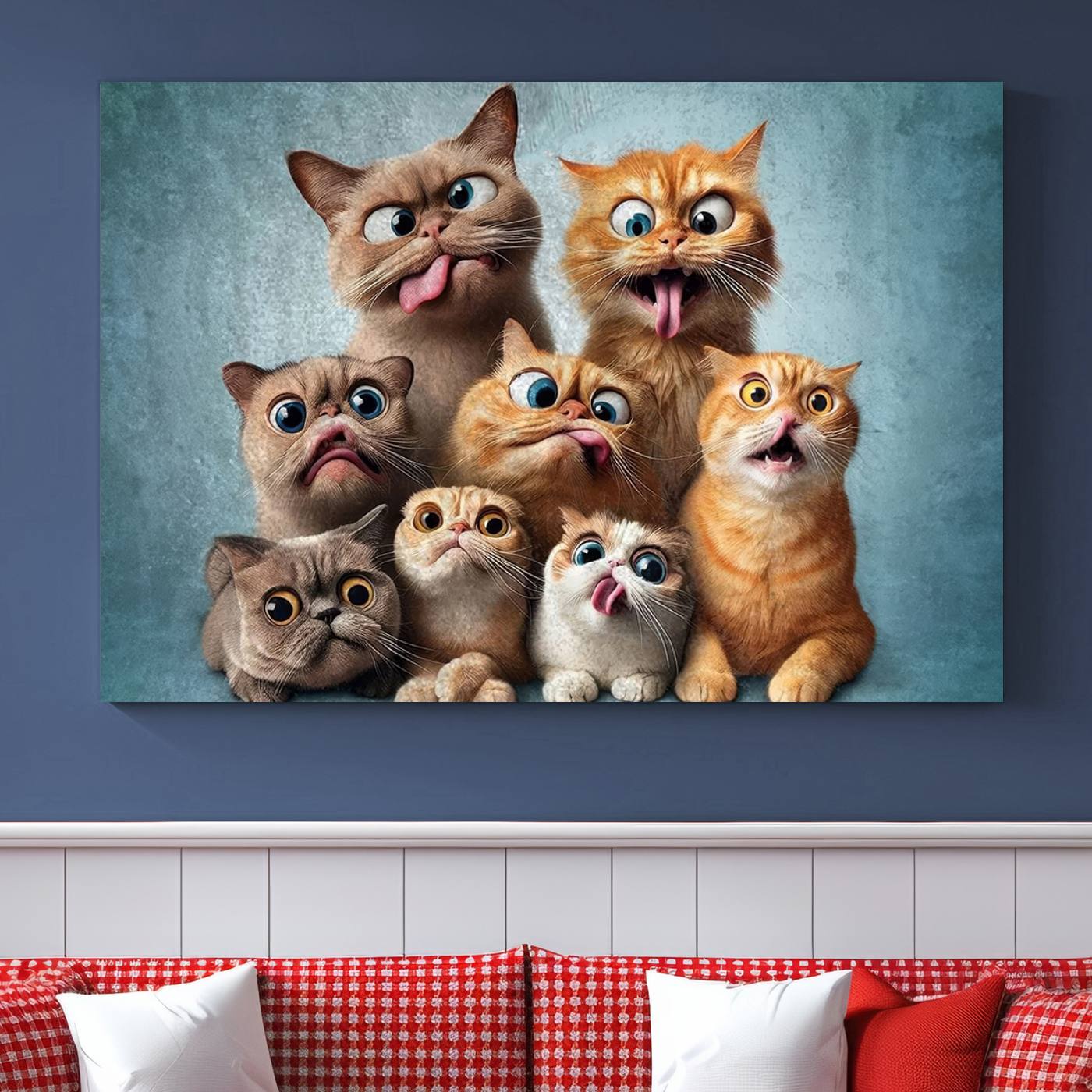 Fanny Cats Wall Art Canvas Print, Pixar Style Cat Wall Art Print, Comic Cartoon Cat Print