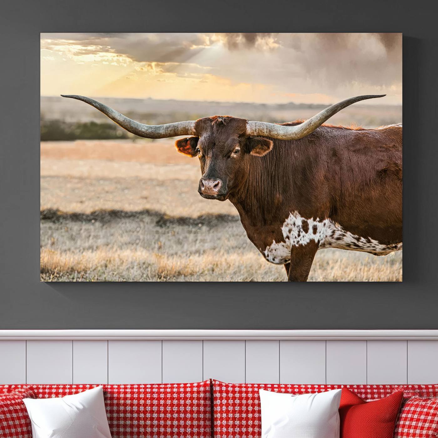 Bighorn Cow Texas Theme Decor Wall Art Canvas Print, Cattle Longhorn Wall Art Print