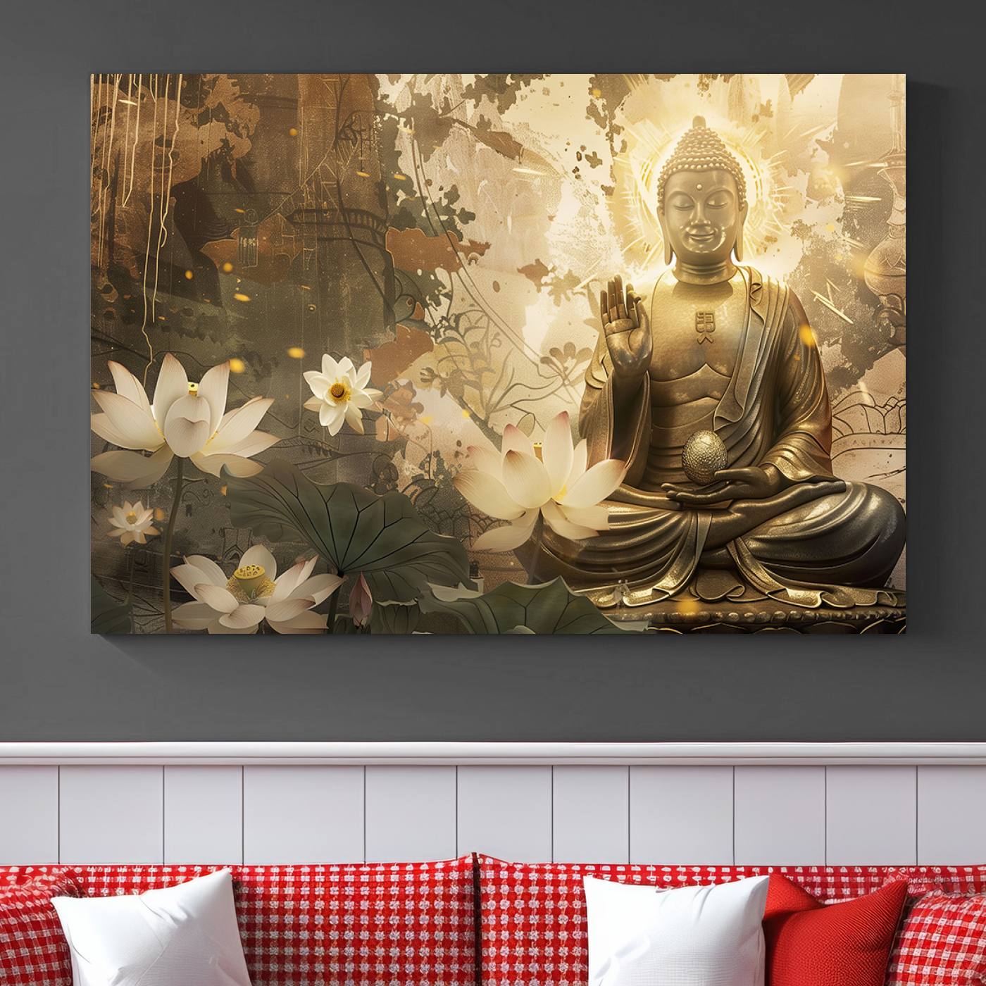 Buddha and Lotus Wall Art Canvas Print, Buddha Meditation Room Decor, Yoga Room Wall Art