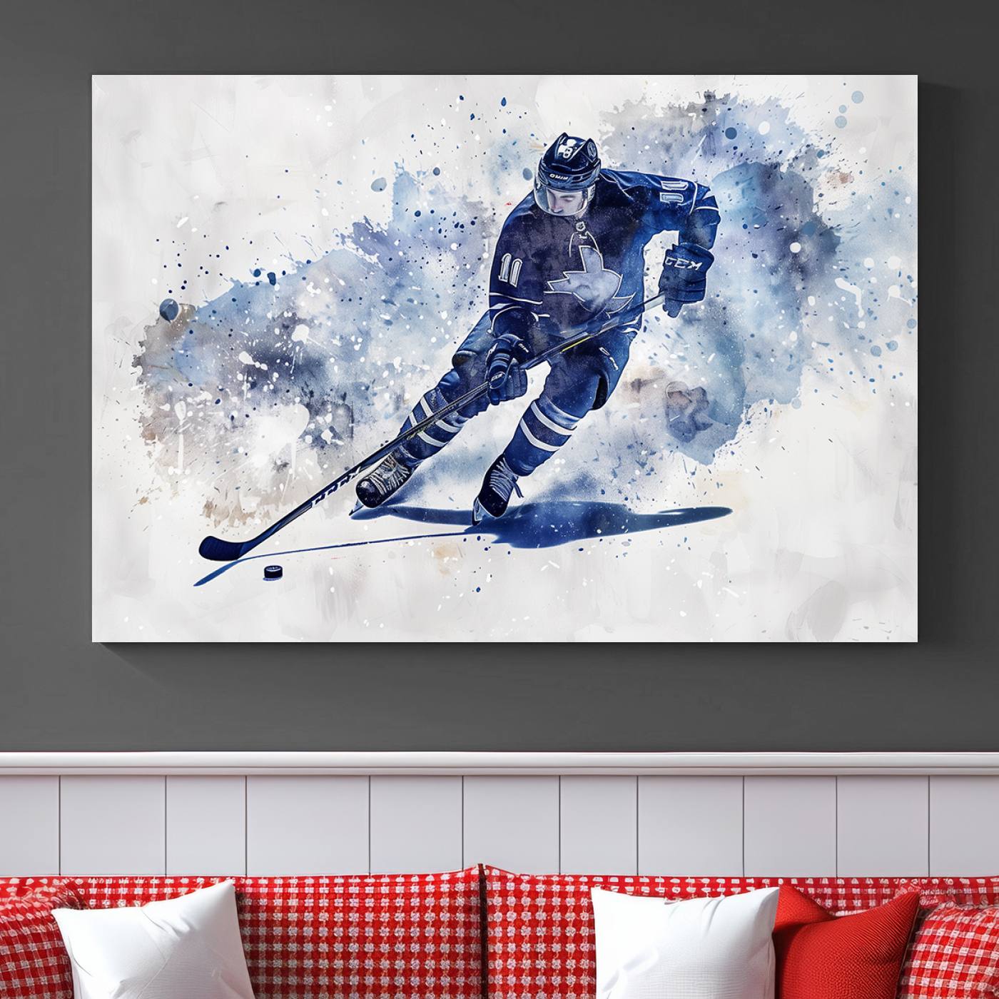 Abstract Watercolor Hockey Player Wall Art Canvas Print for Sport Room Decor