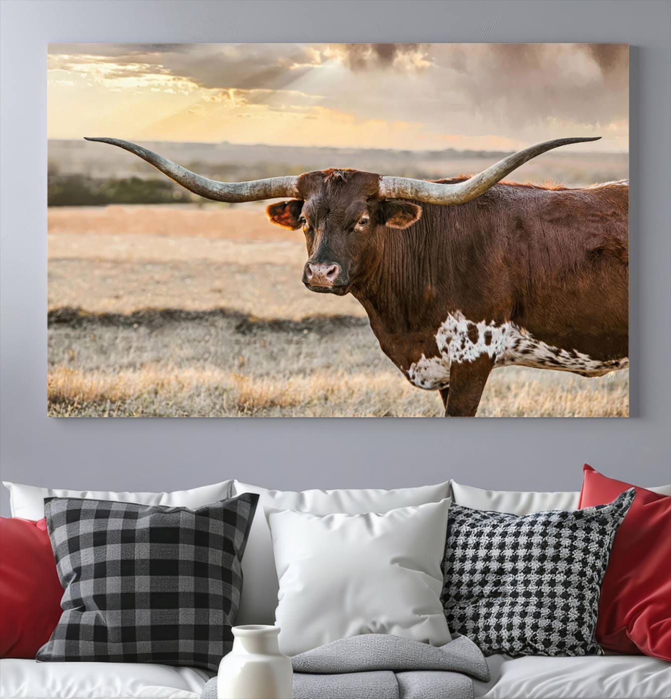 Bighorn Cow Texas Theme Decor Wall Art Canvas Print, Cattle Longhorn Wall Art Print