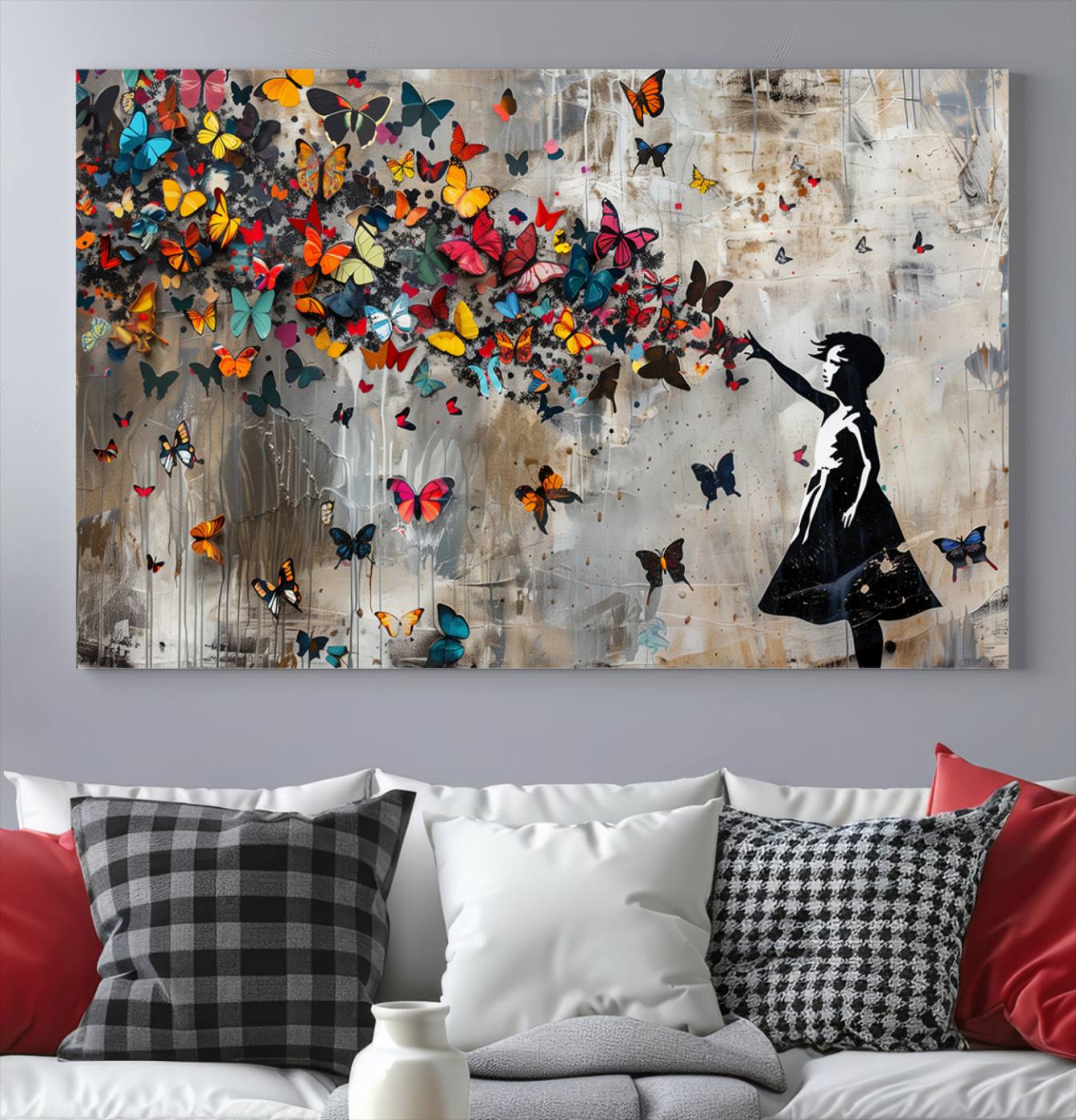 Banksy Style Girl and Butterfly on the Wall Art Canvas Print