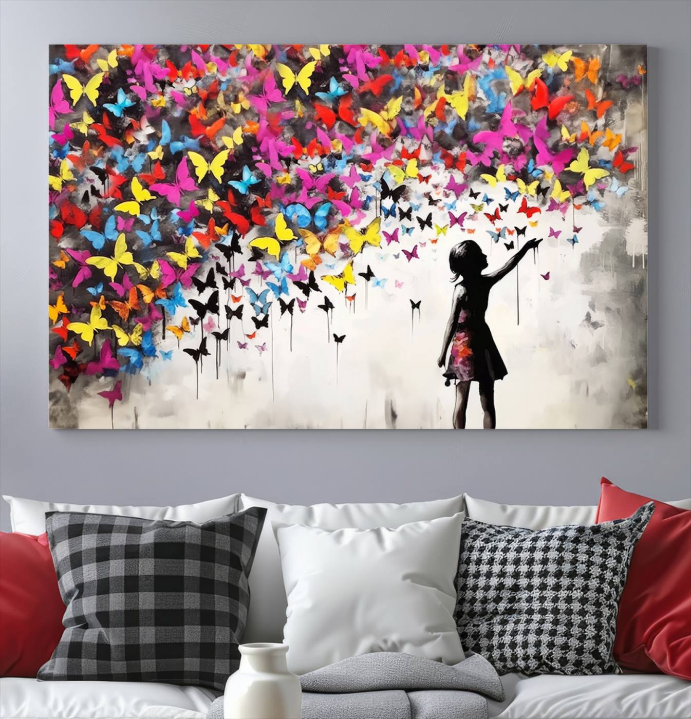 Banksy Style Girl and Butterfly Wall Art Canvas Print