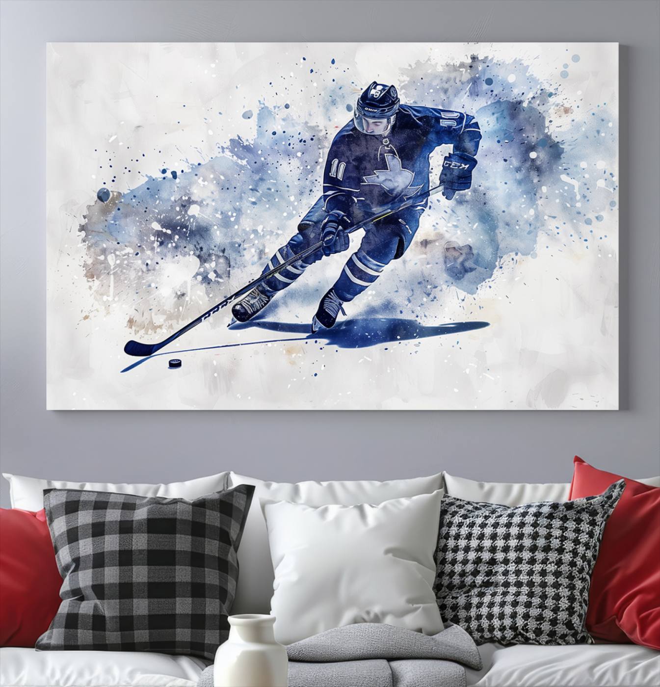 Abstract Watercolor Hockey Player Wall Art Canvas Print for Sport Room Decor