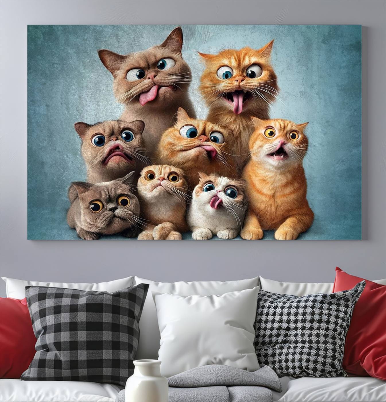 Fanny Cats Wall Art Canvas Print, Pixar Style Cat Wall Art Print, Comic Cartoon Cat Print