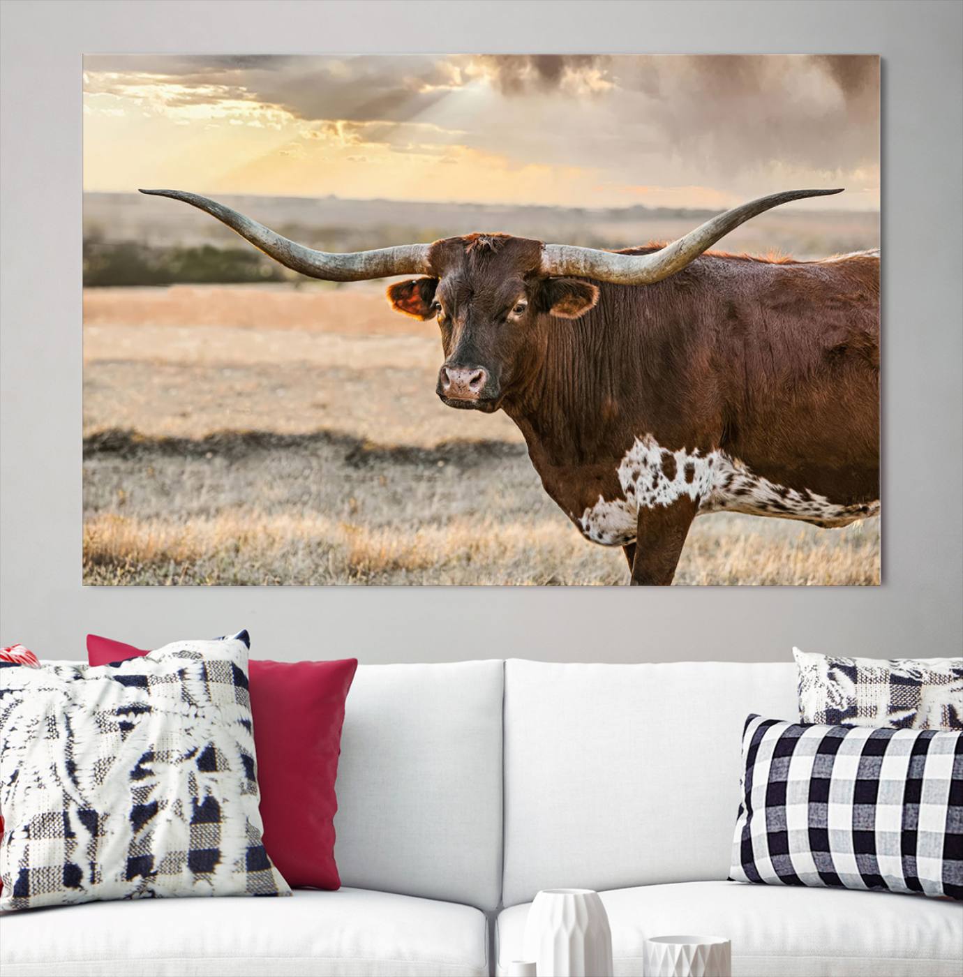 Bighorn Cow Texas Theme Decor Wall Art Canvas Print, Cattle Longhorn Wall Art Print