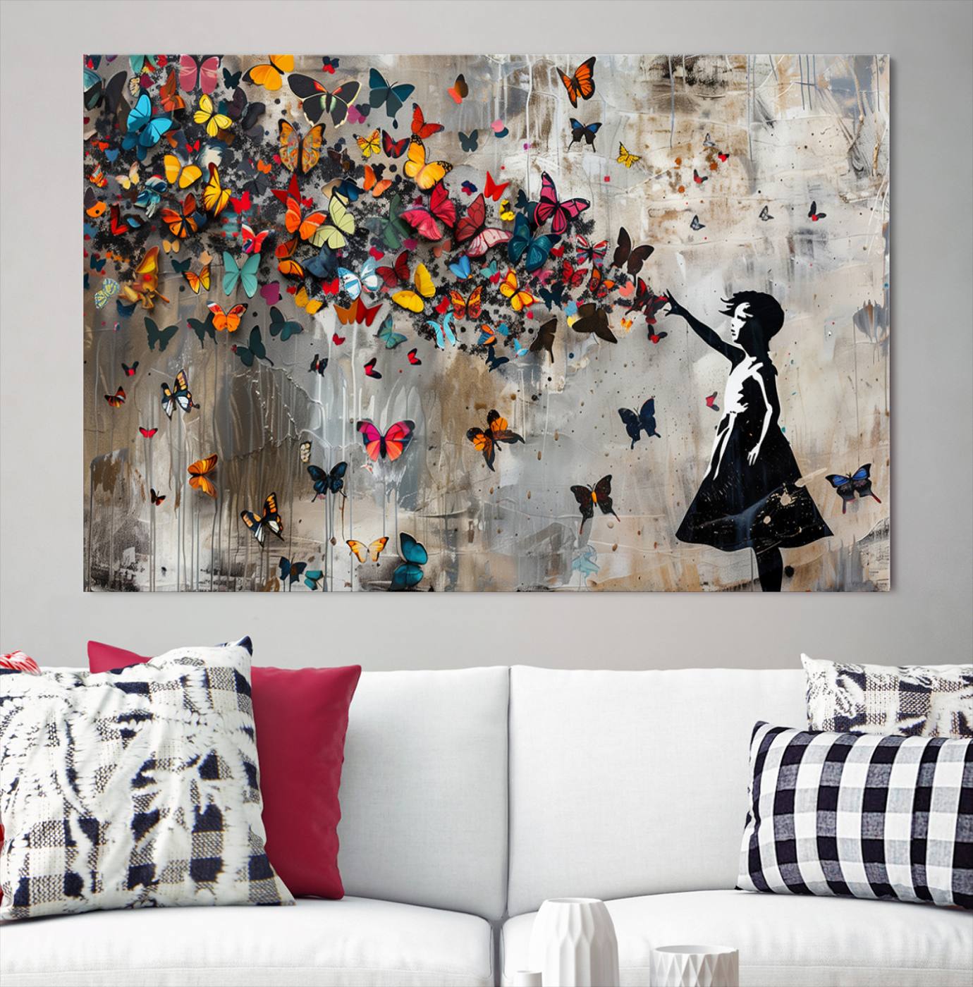 Banksy Style Girl and Butterfly on the Wall Art Canvas Print