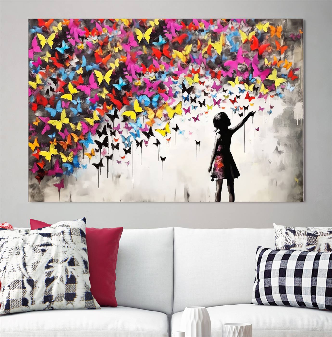 Banksy Style Girl and Butterfly Wall Art Canvas Print