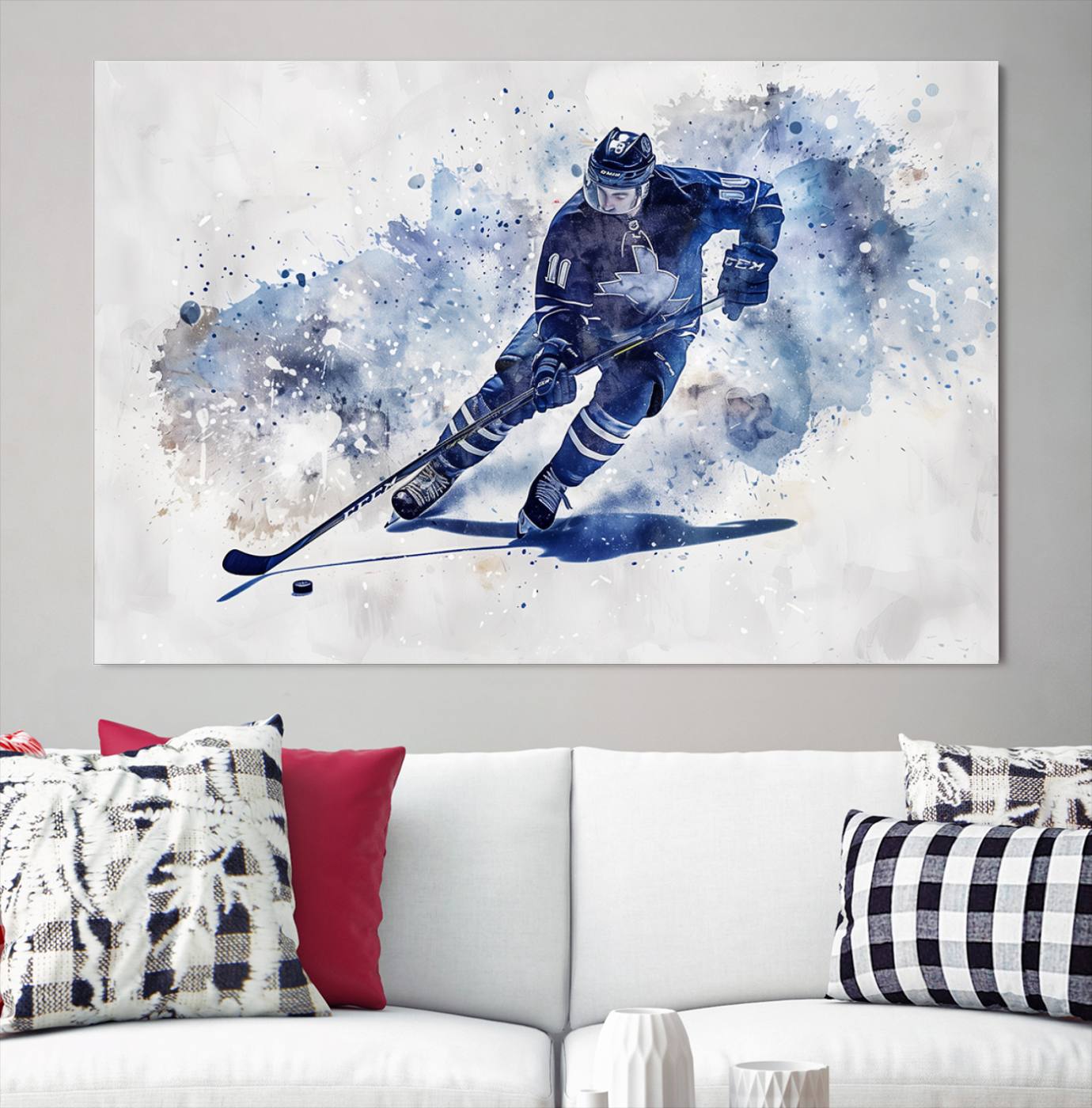 Abstract Watercolor Hockey Player Wall Art Canvas Print for Sport Room Decor