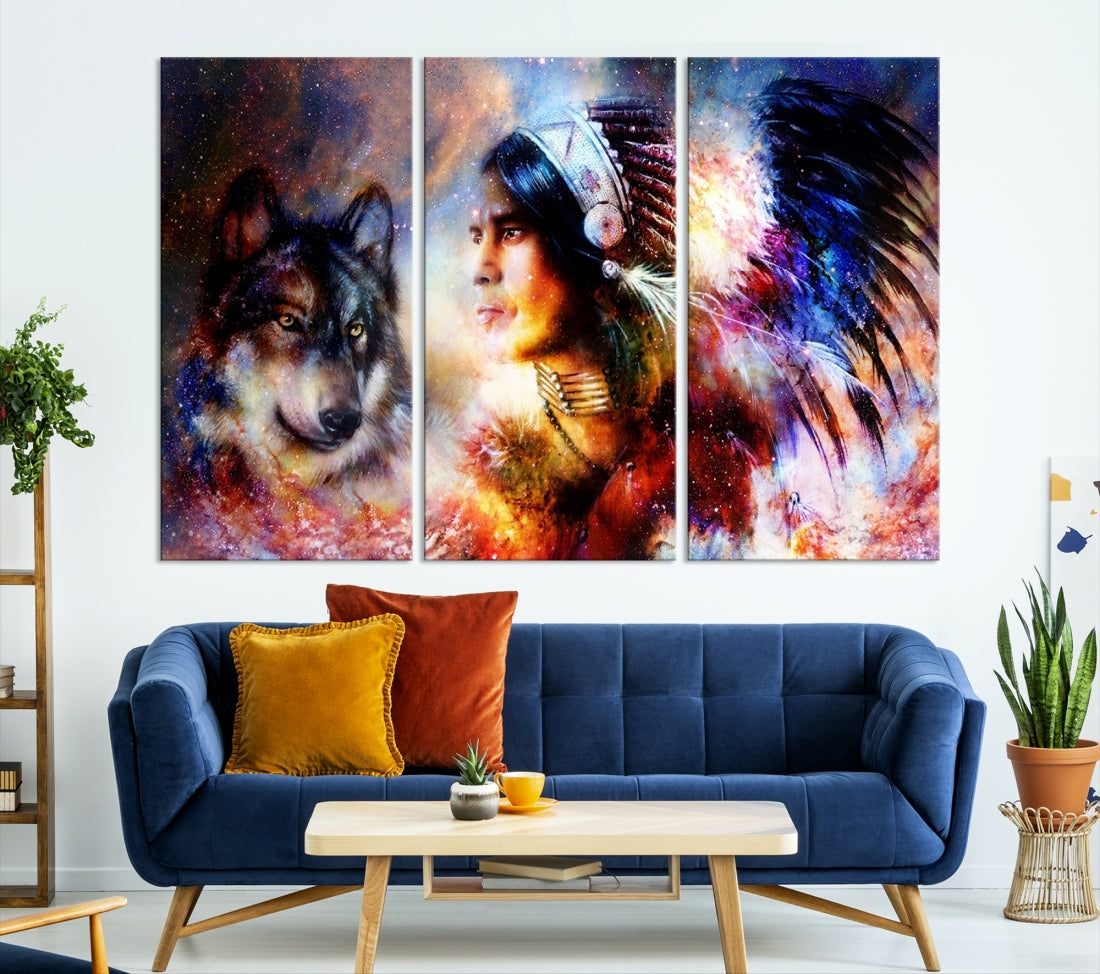 Wolf and Abstract Indian Chief Wall Art Canvas Print