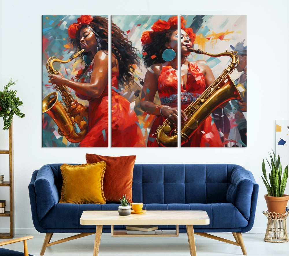 Saxophone Music Wall Art, Jazz Canvas Print, African American Woman Painting, Set of Print