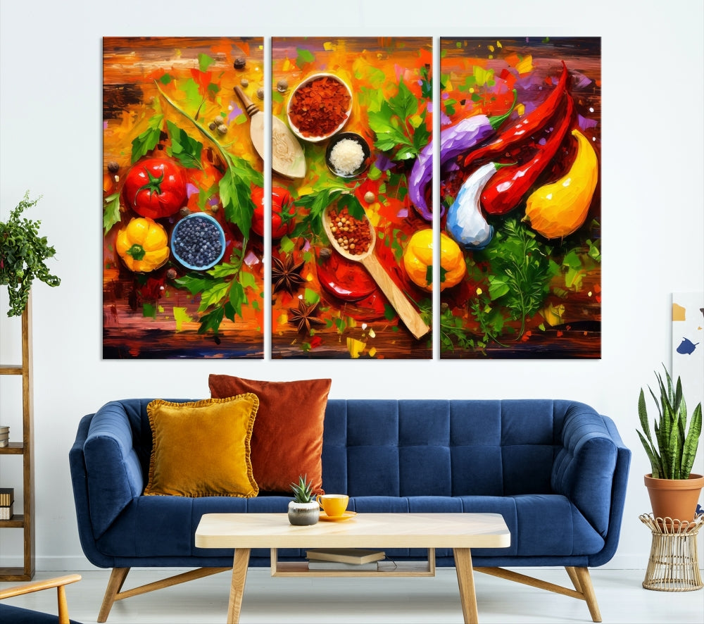 Modern Kitchen Wall Art Print, Colorful Fresh Vegetables Cooking Canvas Art, Restaurant Decor, Set of