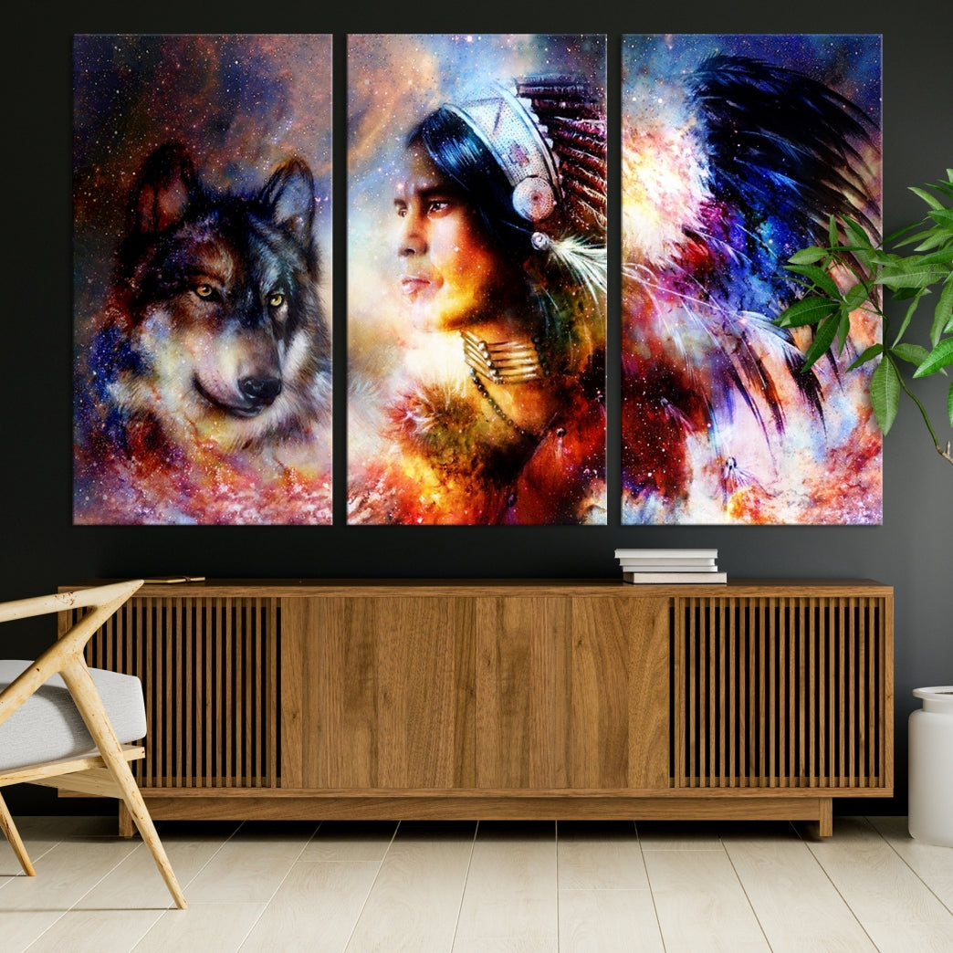 Wolf and Abstract Indian Chief Wall Art Canvas Print