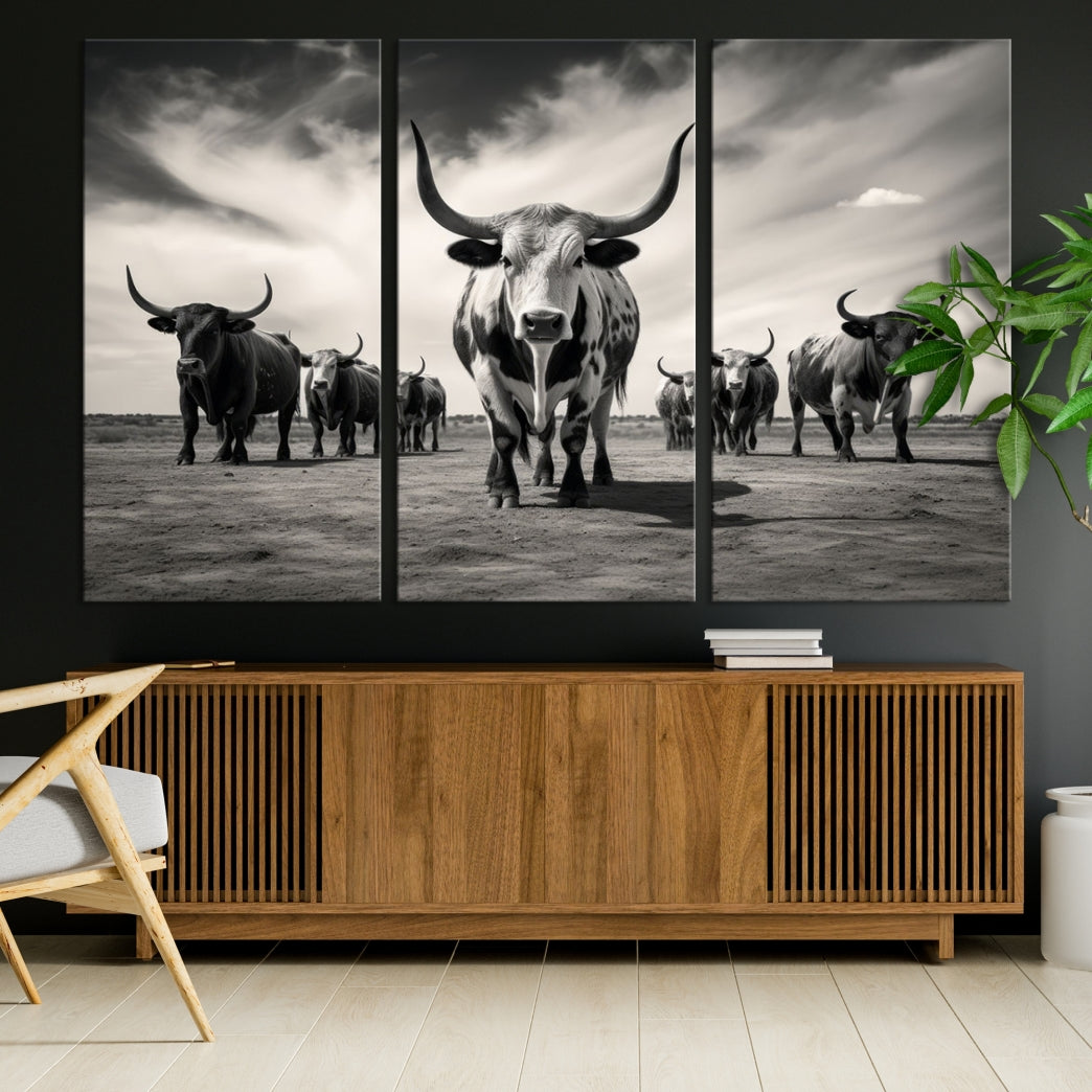 Texas Bighorn Cow Animal Wall Art Canvas Print, Longhorn Cow Large Wall Art