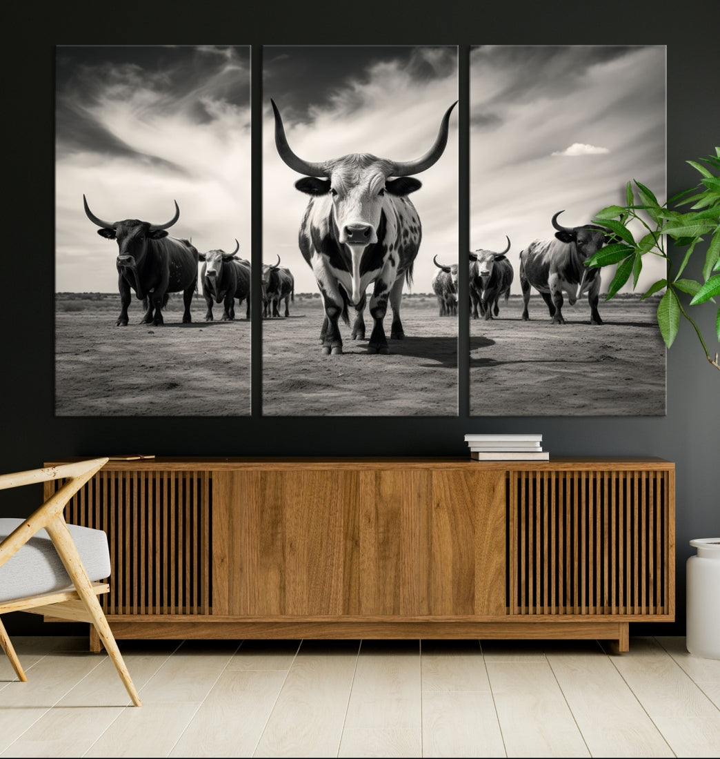 Texas Bighorn Cow Animal Wall Art Canvas Print, Longhorn Cow Large Wall Art