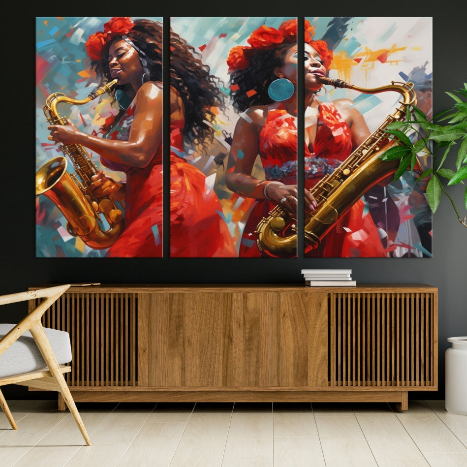 Saxophone Music Wall Art, Jazz Canvas Print, African American Woman Painting, Set of Print