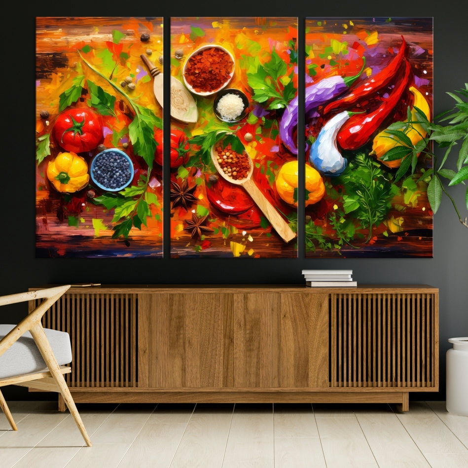 Modern Kitchen Wall Art Print, Colorful Fresh Vegetables Cooking Canvas Art, Restaurant Decor, Set of