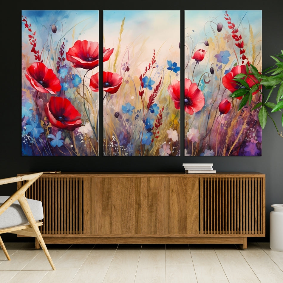 Colorful Wall Art Canvas Print Abstract Flowers Watercolor Red Blue Painting