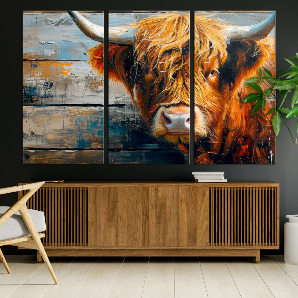 Cool Longhorn Cow on Old Wood Background Canvas Wall Art Print Framed and Shipped