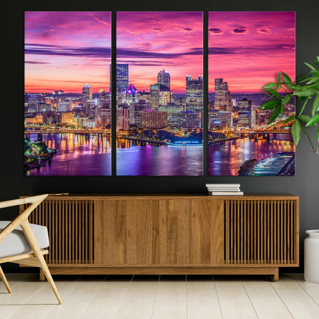 Pittsburgh Skyline Wall Art pink sky sunset cityscape Canvas Print Pennsylvania wall decor