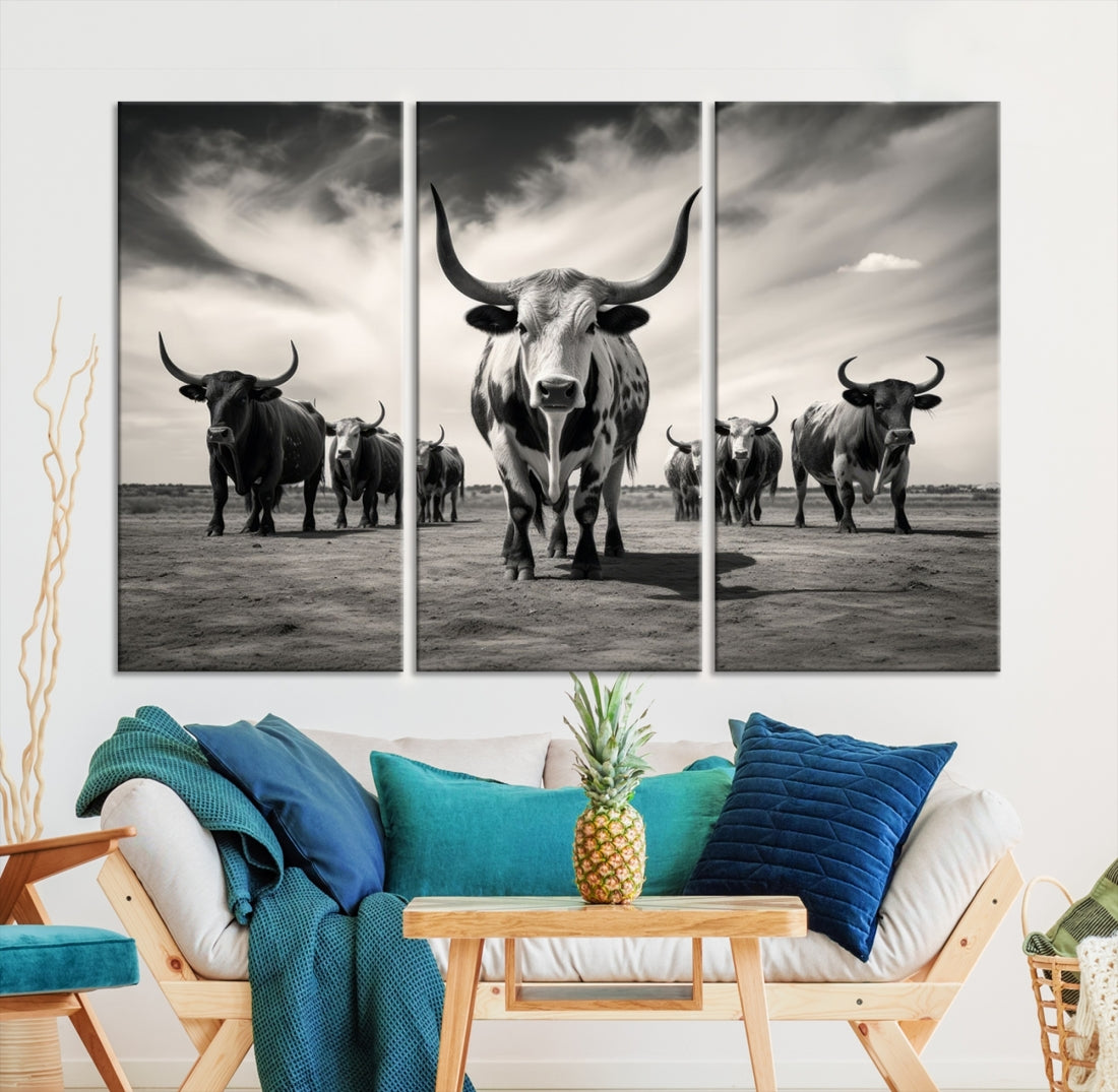 Texas Bighorn Cow Animal Wall Art Canvas Print, Longhorn Cow Large Wall Art