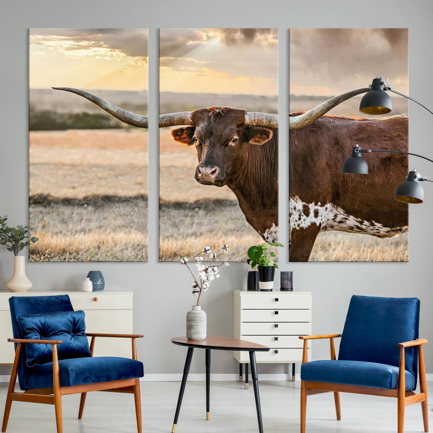 Bighorn Cow Texas Theme Decor Wall Art Canvas Print, Cattle Longhorn Wall Art Print