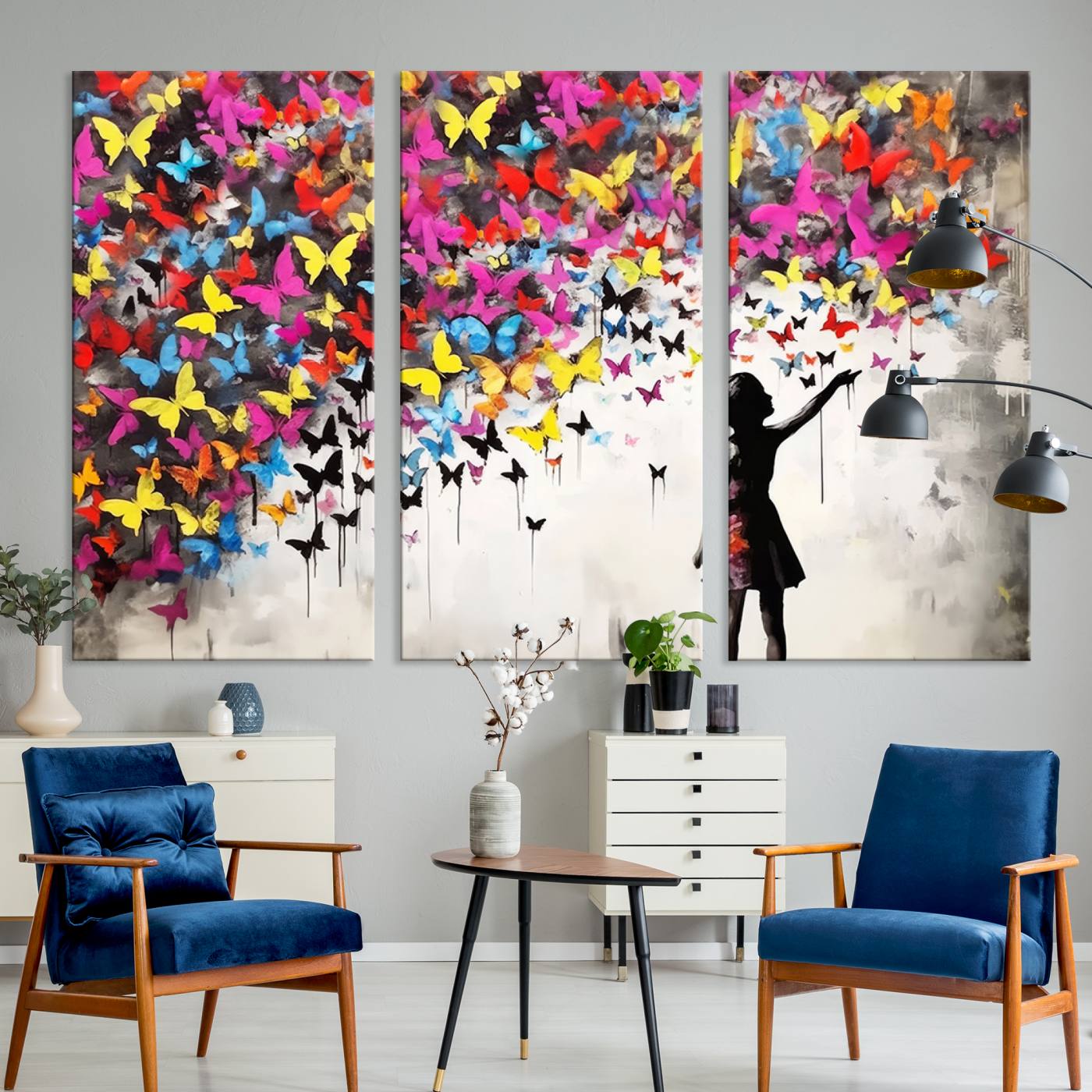 Banksy Style Girl and Butterfly Wall Art Canvas Print