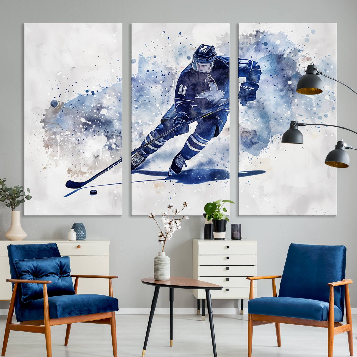 Abstract Watercolor Hockey Player Wall Art Canvas Print for Sport Room Decor