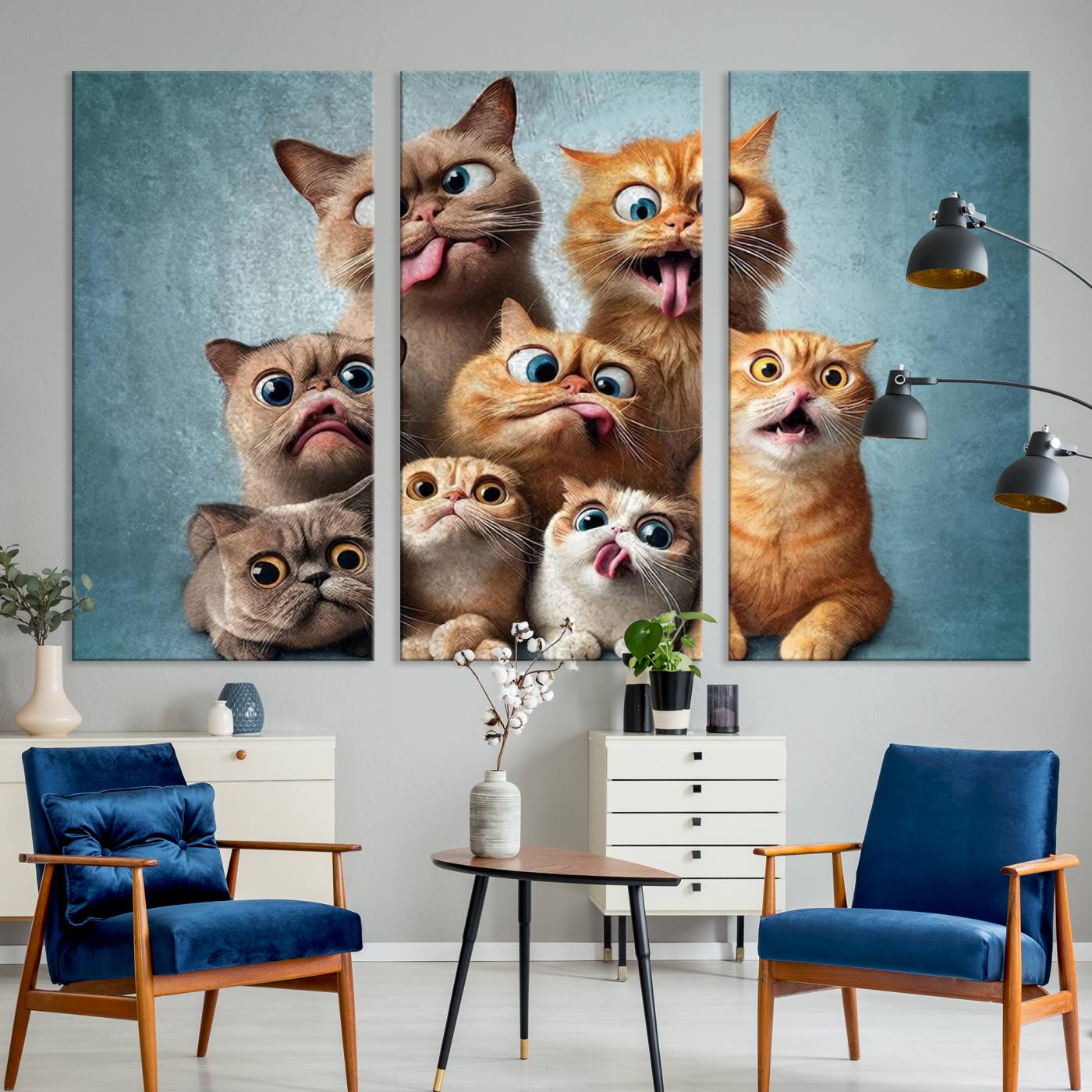 Fanny Cats Wall Art Canvas Print, Pixar Style Cat Wall Art Print, Comic Cartoon Cat Print