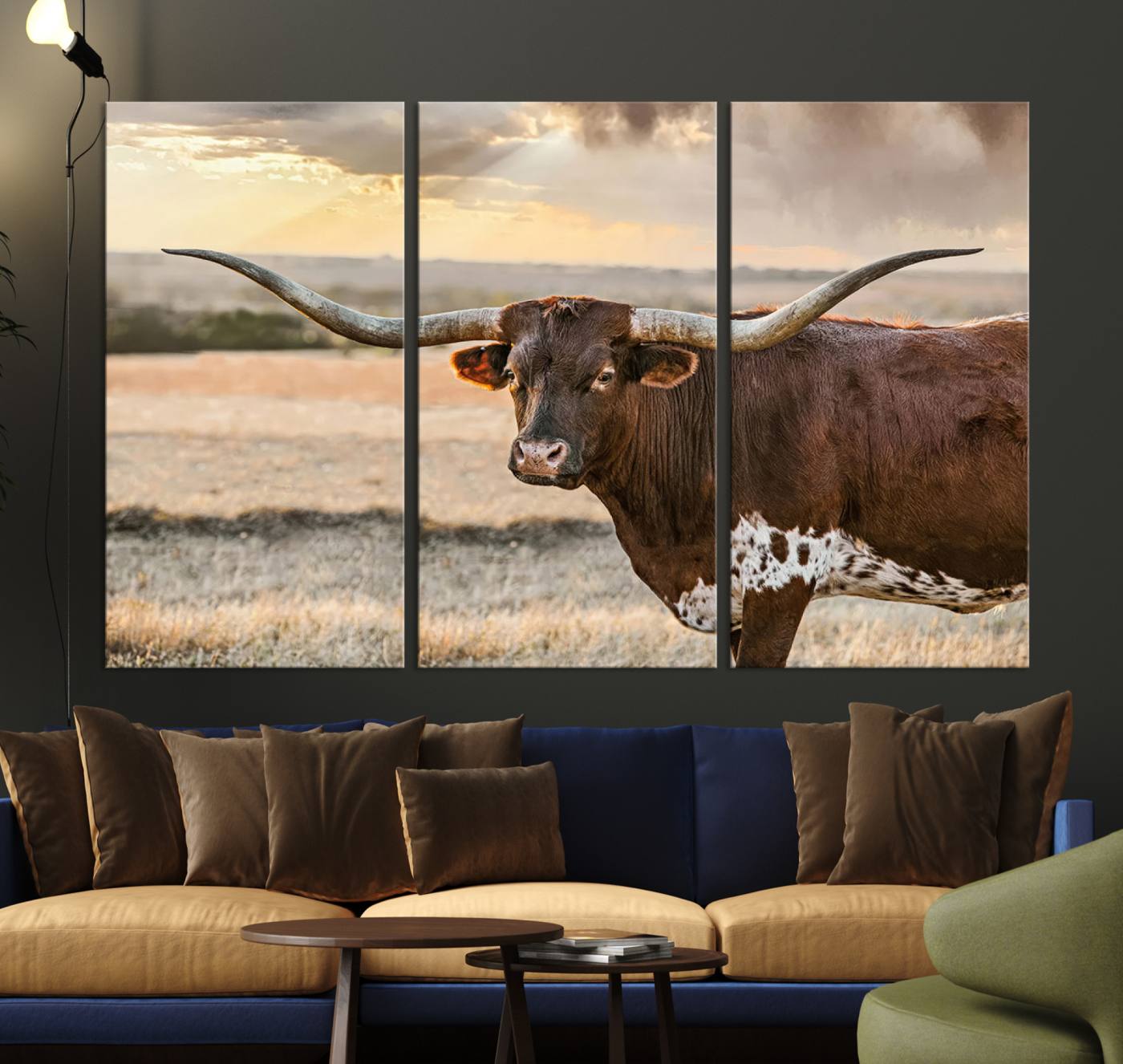 Bighorn Cow Texas Theme Decor Wall Art Canvas Print, Cattle Longhorn Wall Art Print