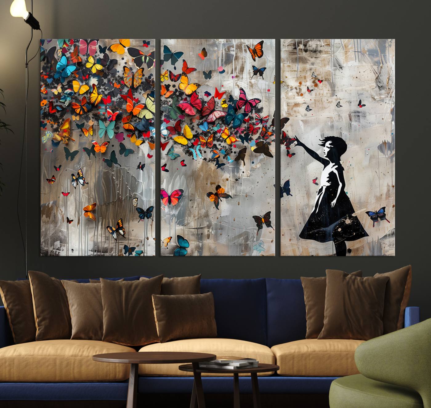 Banksy Style Girl and Butterfly on the Wall Art Canvas Print