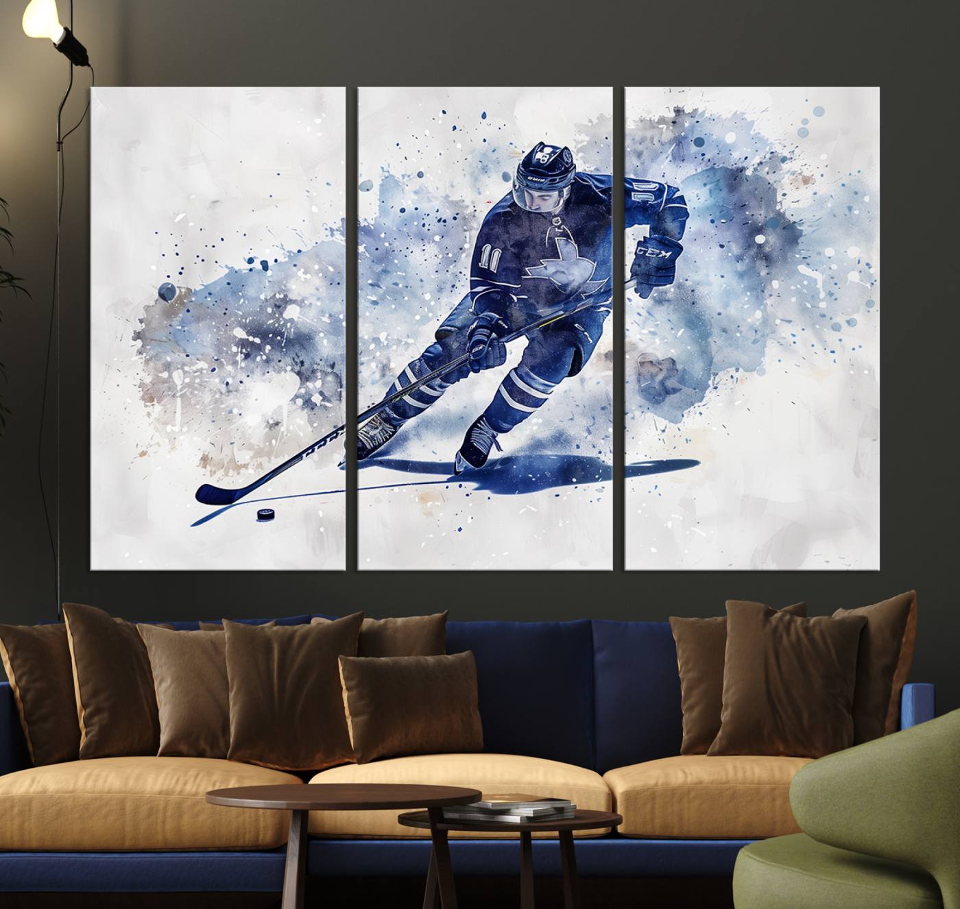 Abstract Watercolor Hockey Player Wall Art Canvas Print for Sport Room Decor