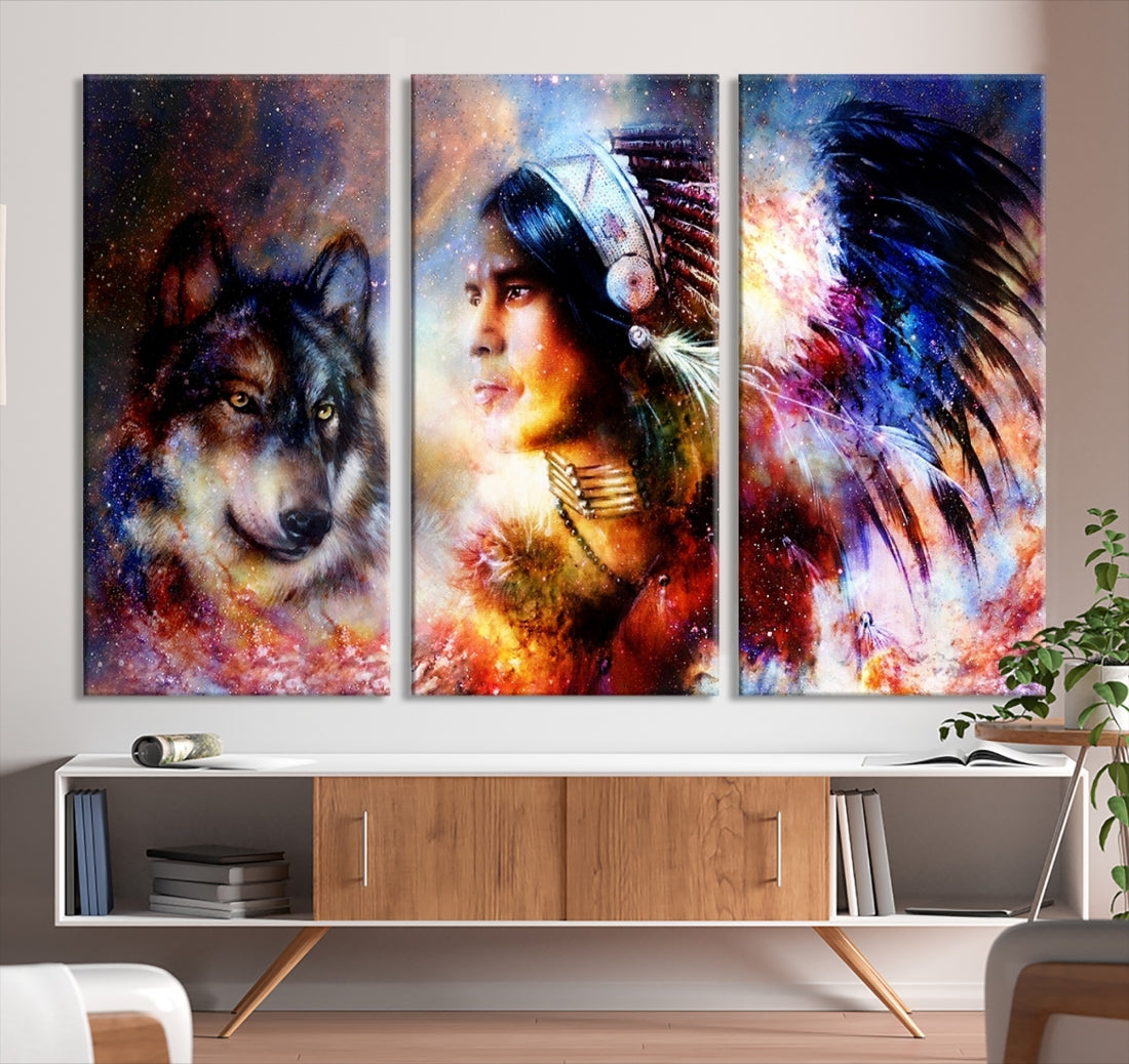 Wolf and Abstract Indian Chief Wall Art Canvas Print