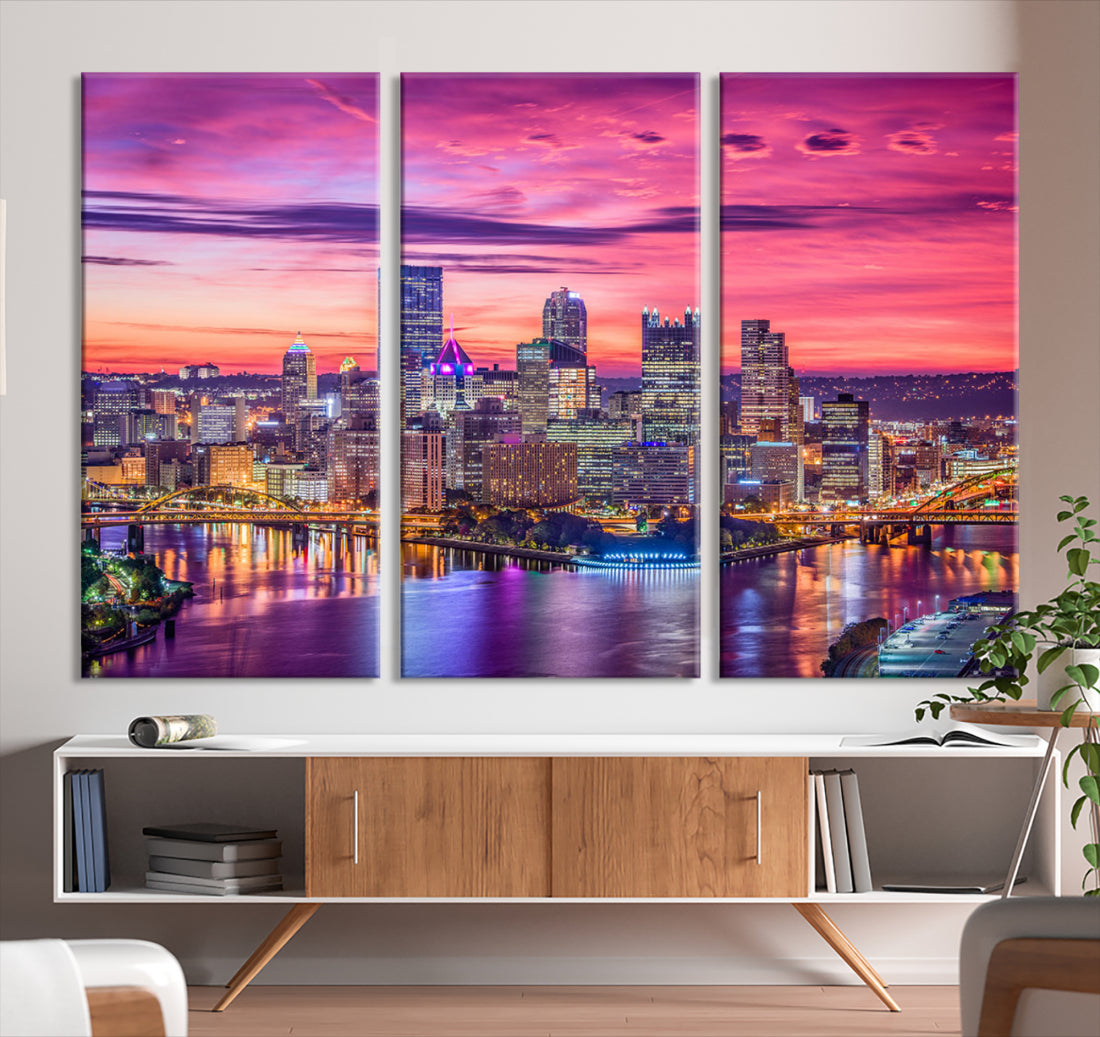 Pittsburgh Skyline Wall Art pink sky sunset cityscape Canvas Print Pennsylvania wall decor