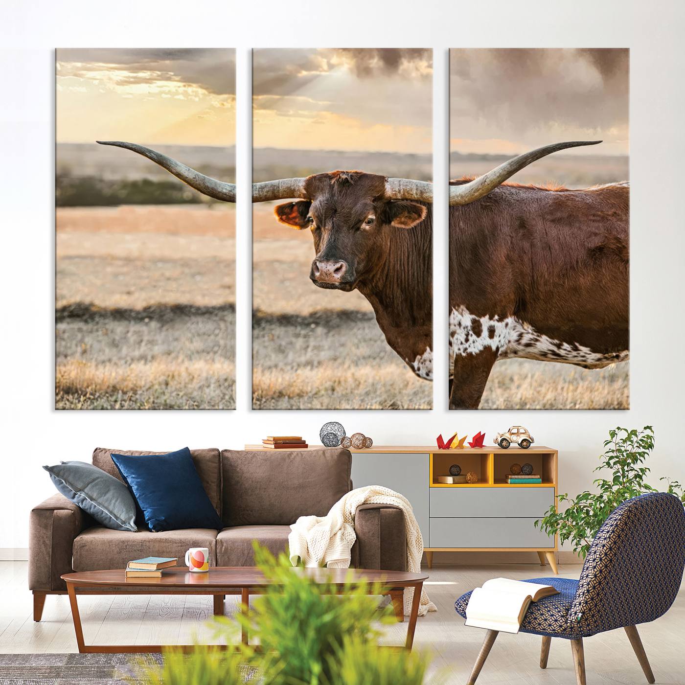 Bighorn Cow Texas Theme Decor Wall Art Canvas Print, Cattle Longhorn Wall Art Print