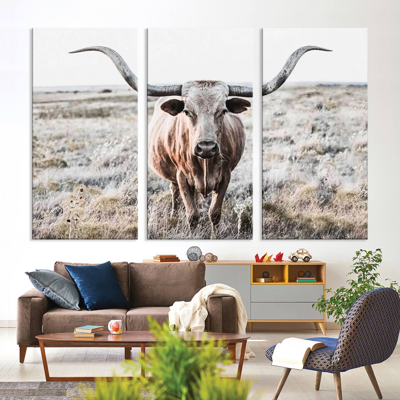 Texas Cow Longhorn Wall Art Canvas Print, Cattle Bighorn Wall Art Print