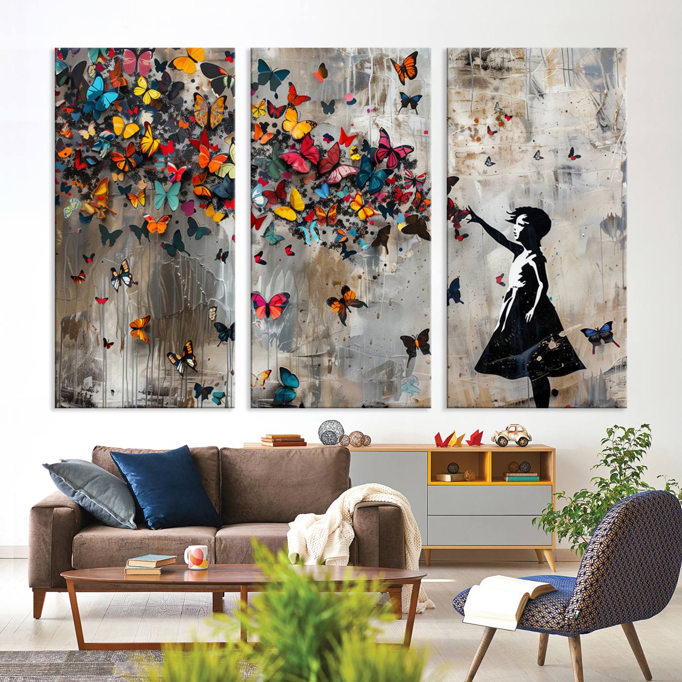 Banksy Style Girl and Butterfly on the Wall Art Canvas Print