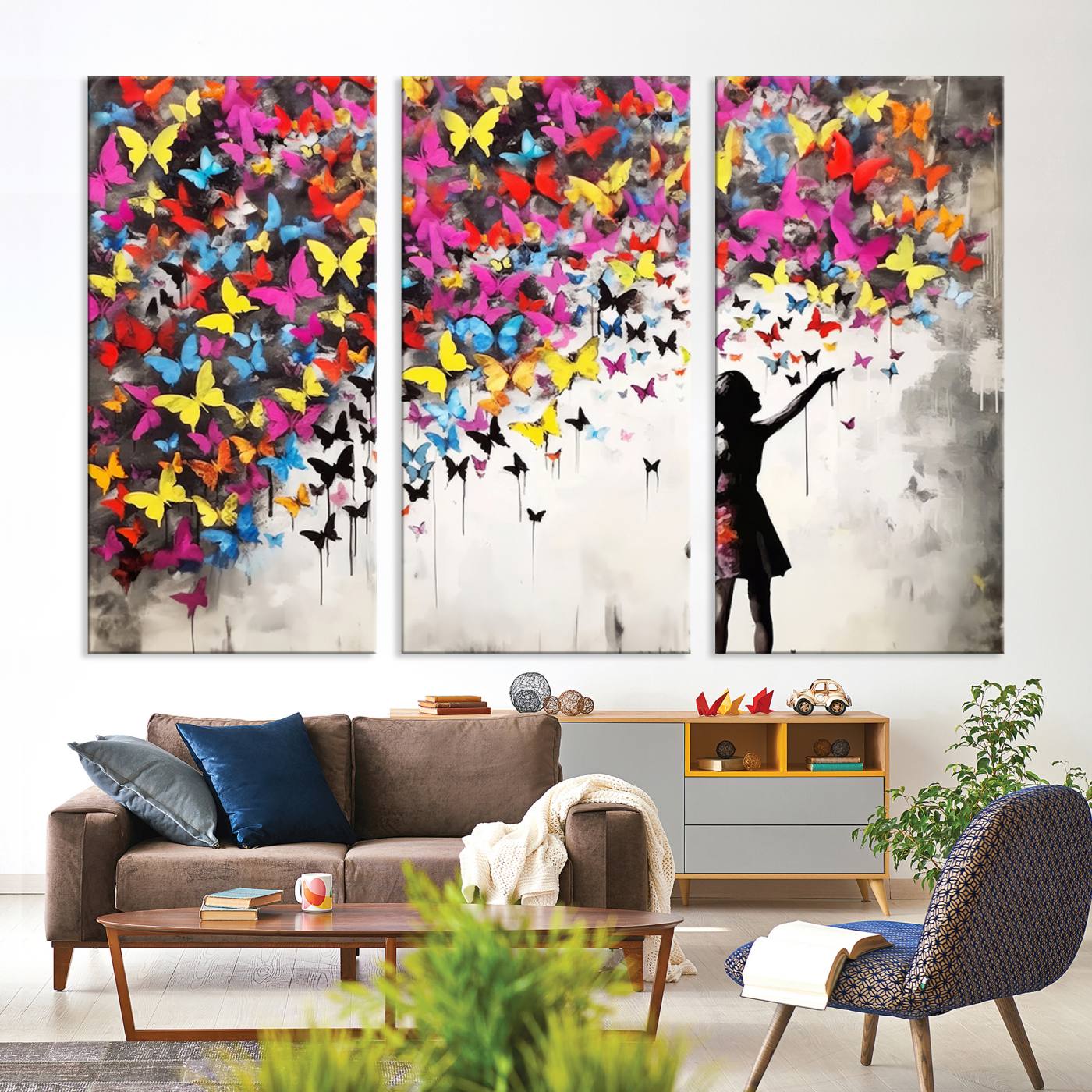 Banksy Style Girl and Butterfly Wall Art Canvas Print