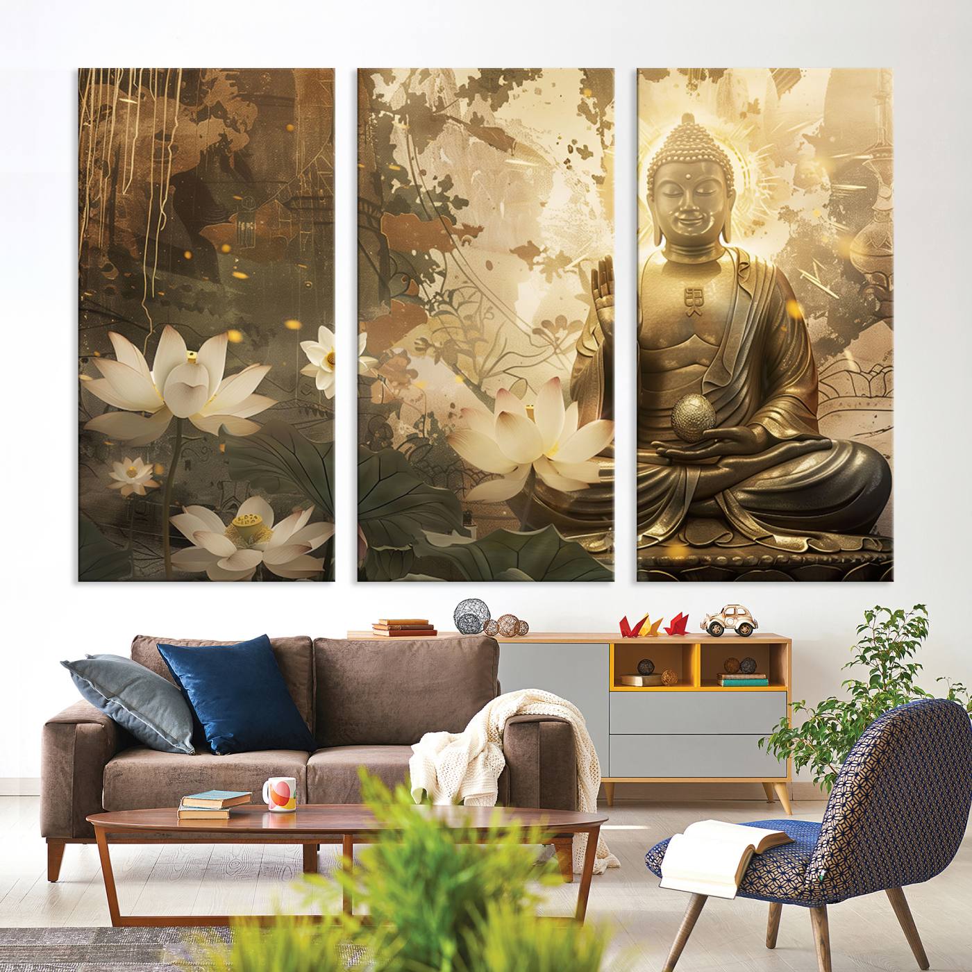 Buddha and Lotus Wall Art Canvas Print, Buddha Meditation Room Decor, Yoga Room Wall Art