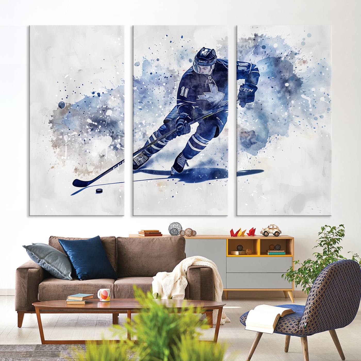 Abstract Watercolor Hockey Player Wall Art Canvas Print for Sport Room Decor