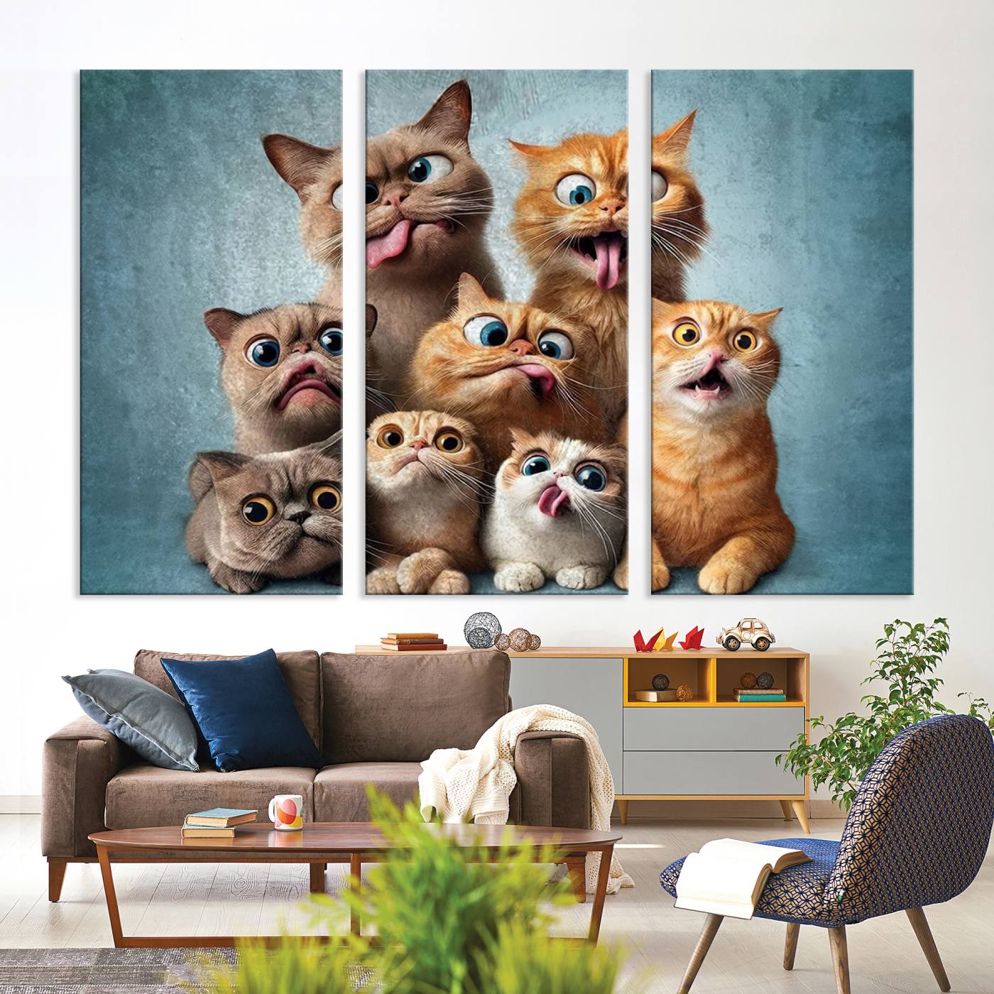 Fanny Cats Wall Art Canvas Print, Pixar Style Cat Wall Art Print, Comic Cartoon Cat Print