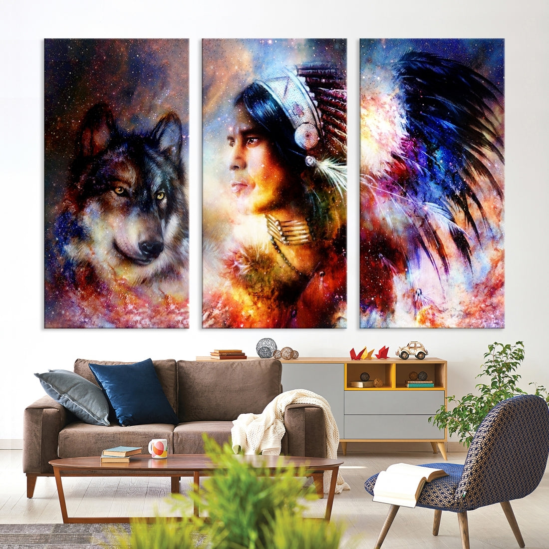 Wolf and Abstract Indian Chief Wall Art Canvas Print