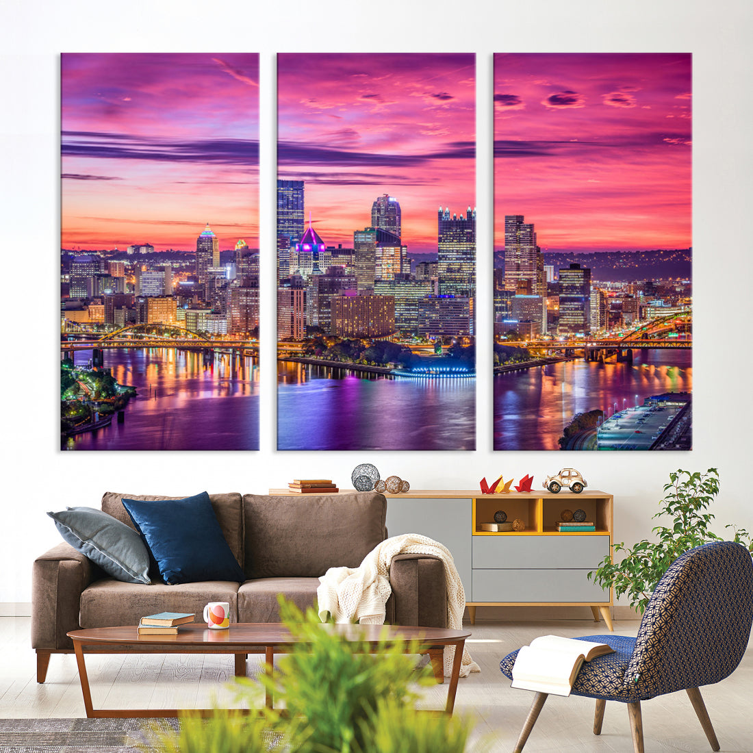 Pittsburgh Skyline Wall Art pink sky sunset cityscape Canvas Print Pennsylvania wall decor