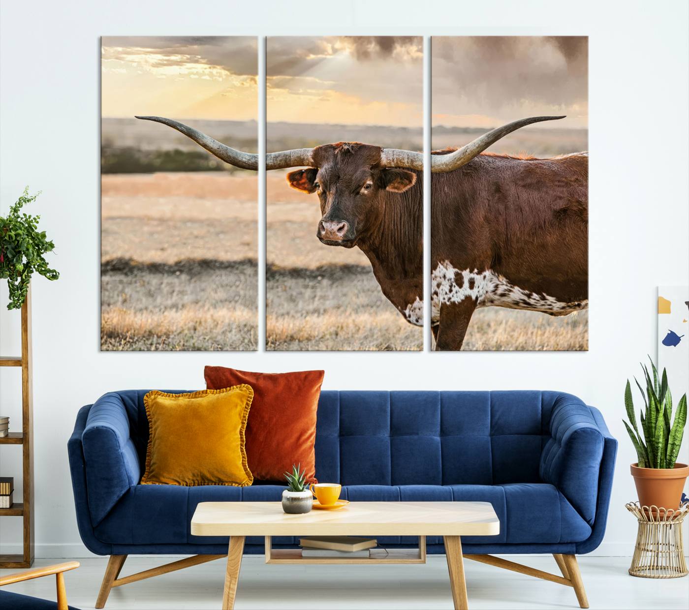 Bighorn Cow Texas Theme Decor Wall Art Canvas Print, Cattle Longhorn Wall Art Print