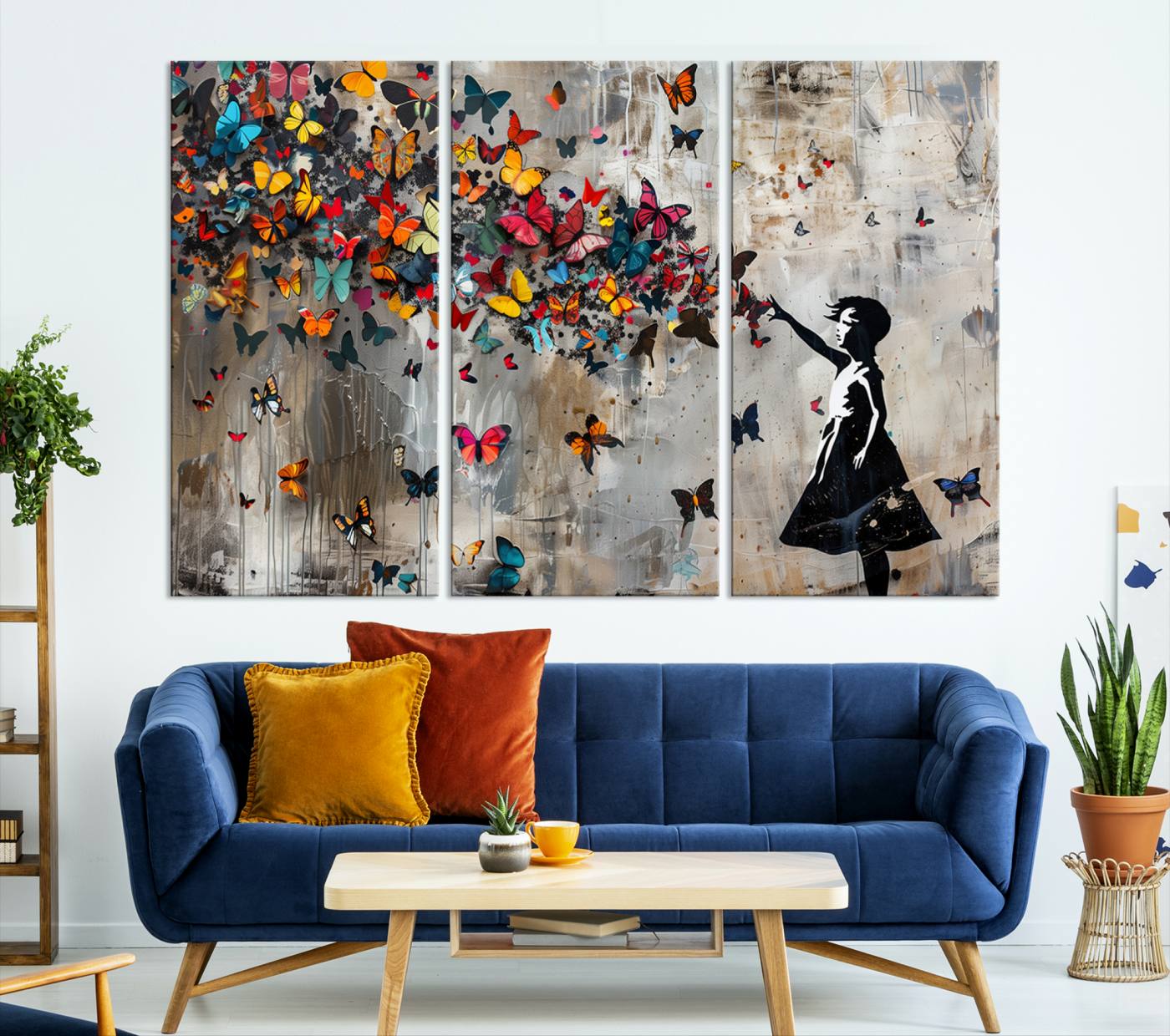 Banksy Style Girl and Butterfly on the Wall Art Canvas Print