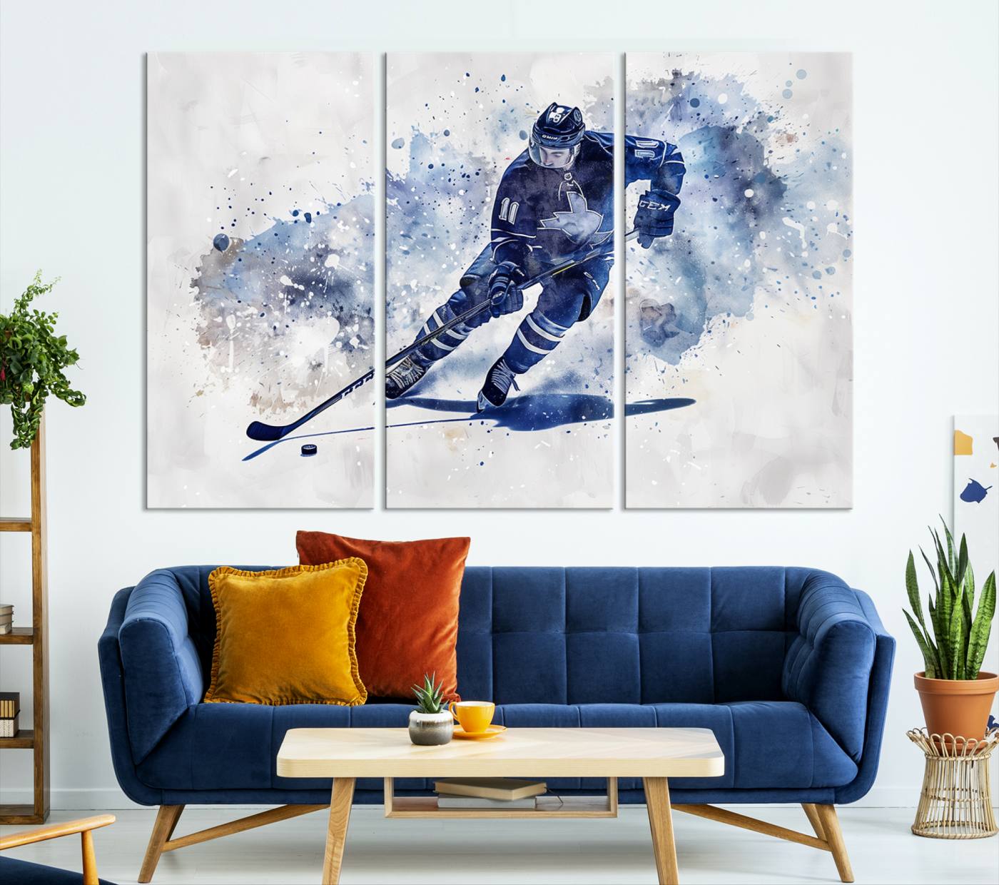 Abstract Watercolor Hockey Player Wall Art Canvas Print for Sport Room Decor