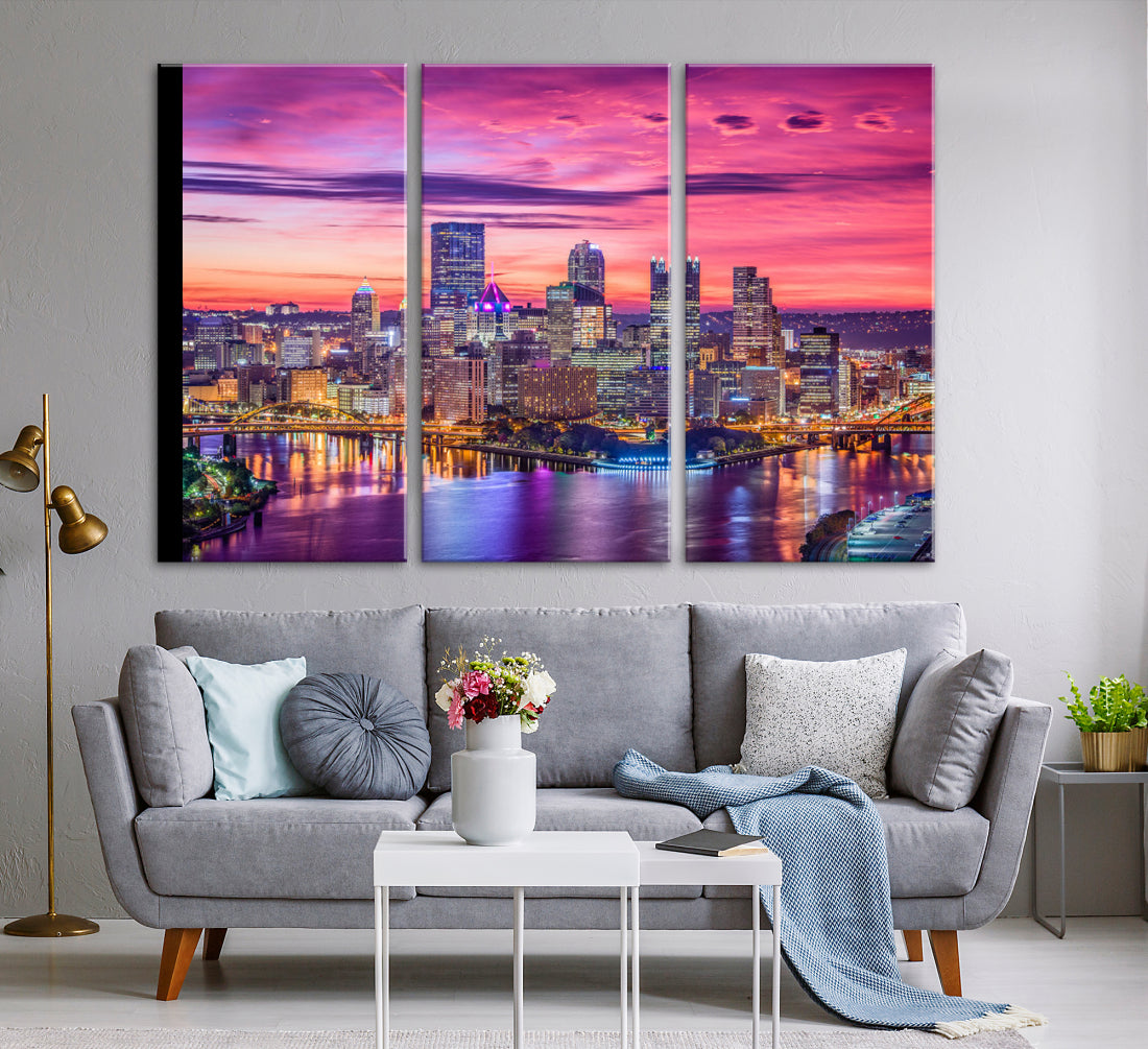 Pittsburgh Skyline Wall Art pink sky sunset cityscape Canvas Print Pennsylvania wall decor