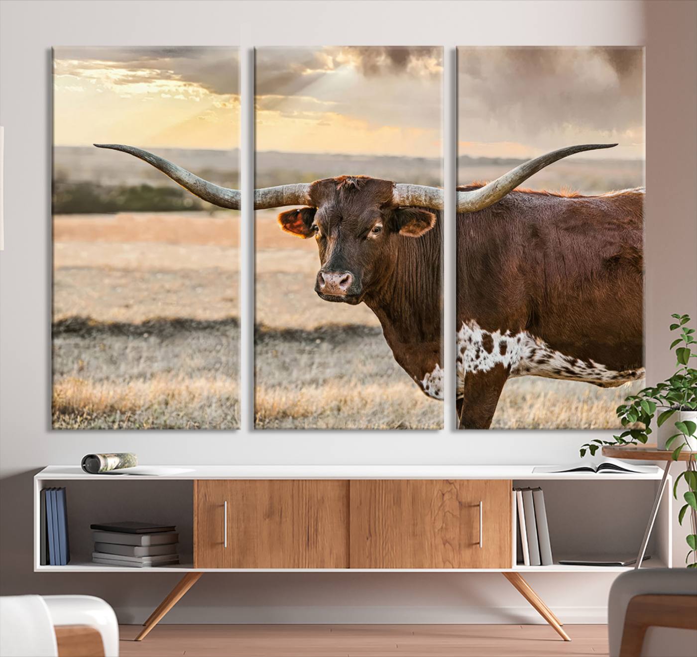 Bighorn Cow Texas Theme Decor Wall Art Canvas Print, Cattle Longhorn Wall Art Print